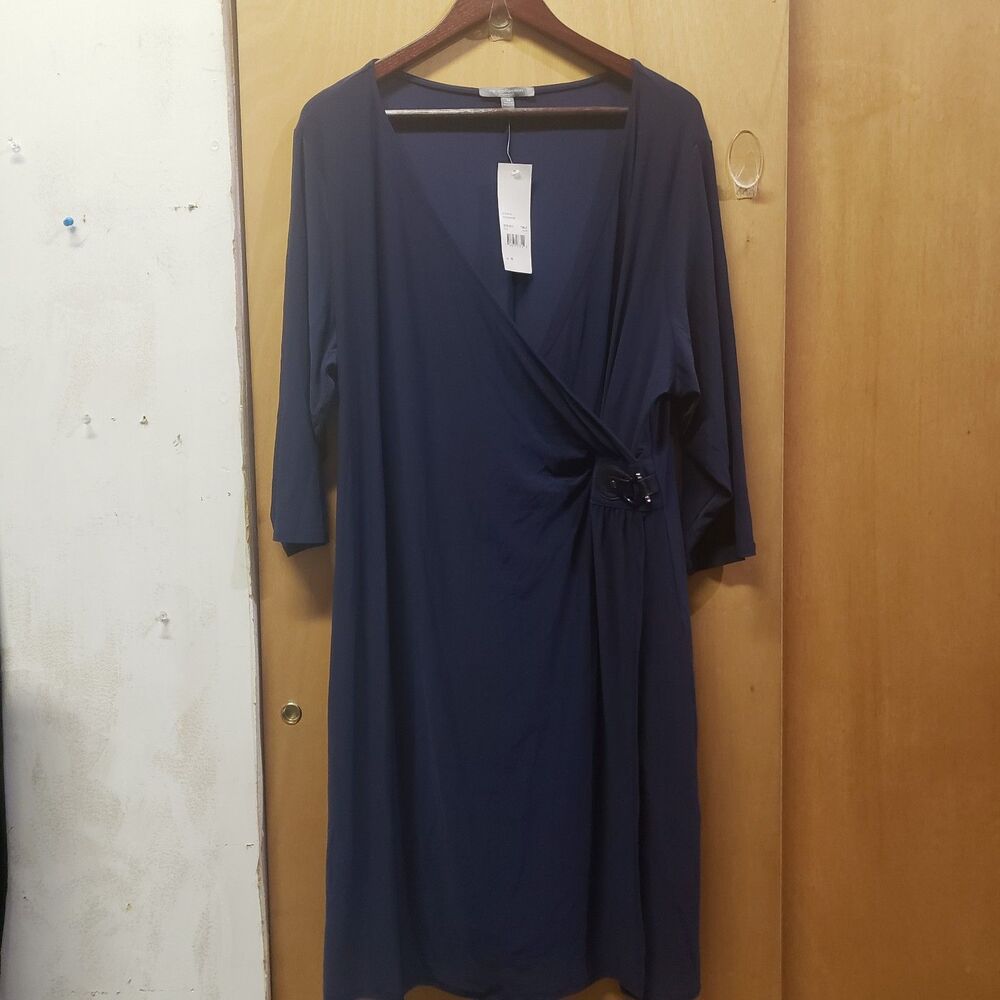 NWT NY COLLECTION NAVY FAUX WRAP DRESS 3X #B1 SHOULDER-HEM 39" PIT-PIT 24"